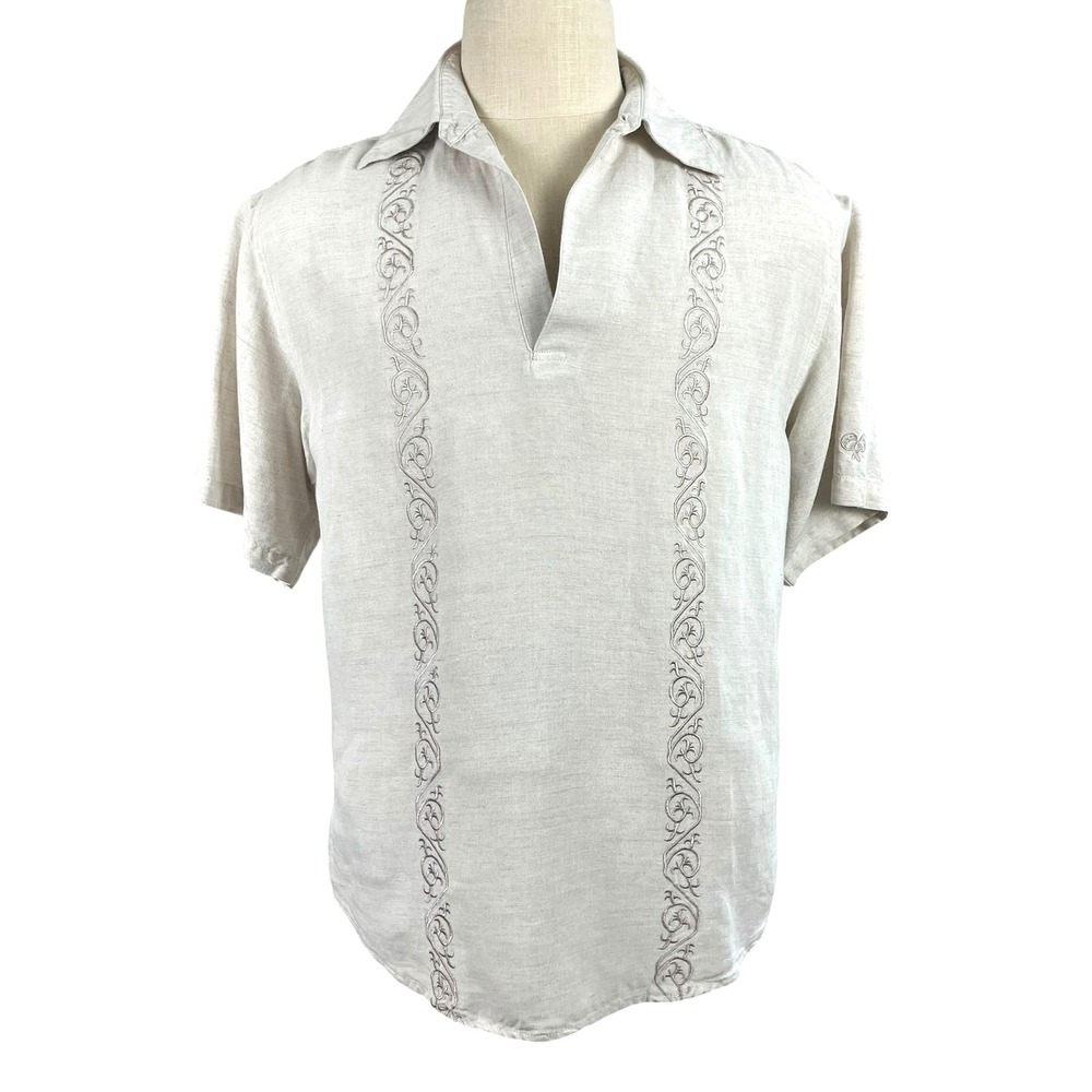 Viva Tropical Shirt‎ Mens Size Medium John Henry Beige Short Sleeves Beach